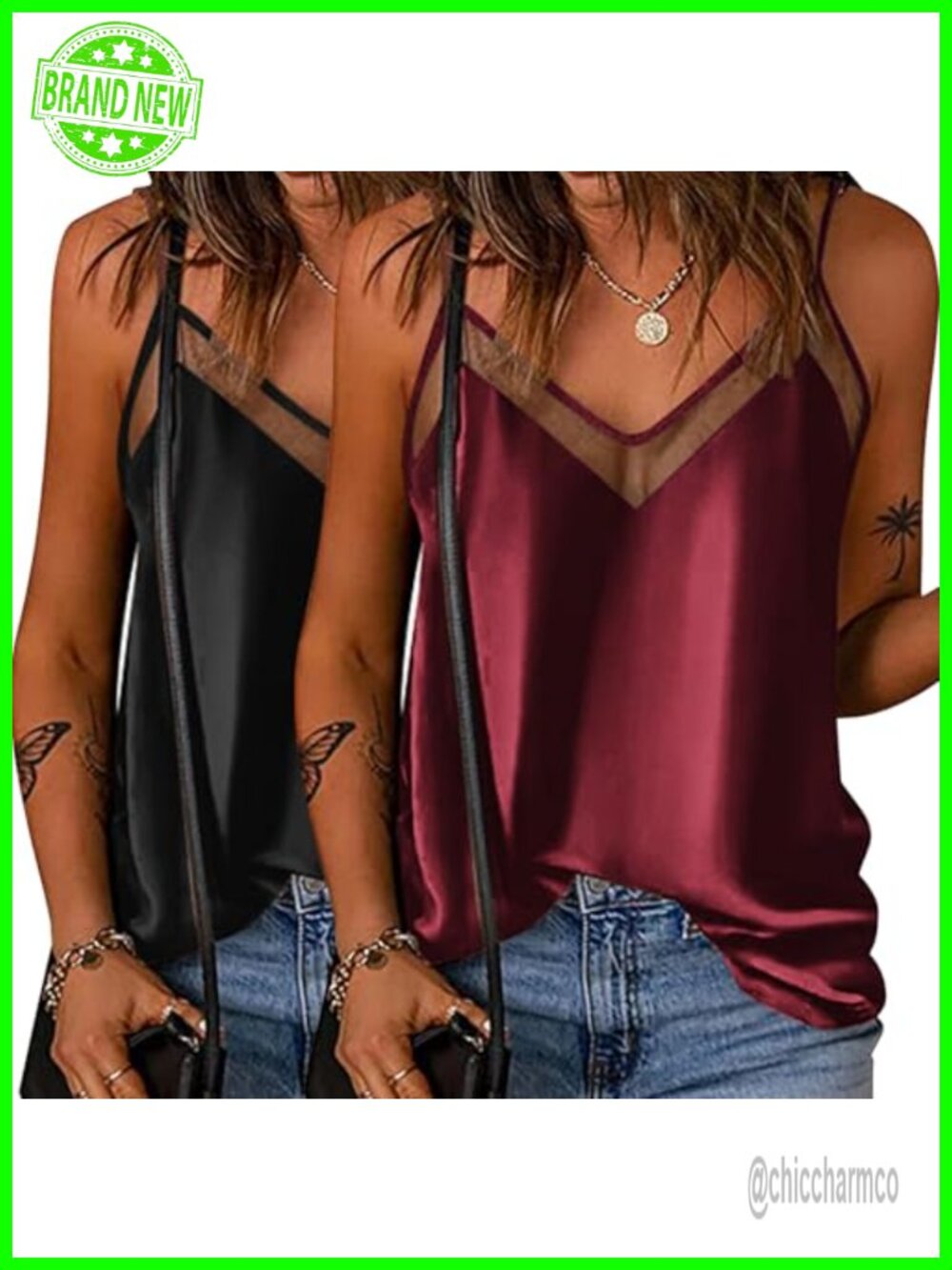 Ekouaer Women's Satin Silk Camisole Tank Top V-Neck Sleeveless 2 Pack